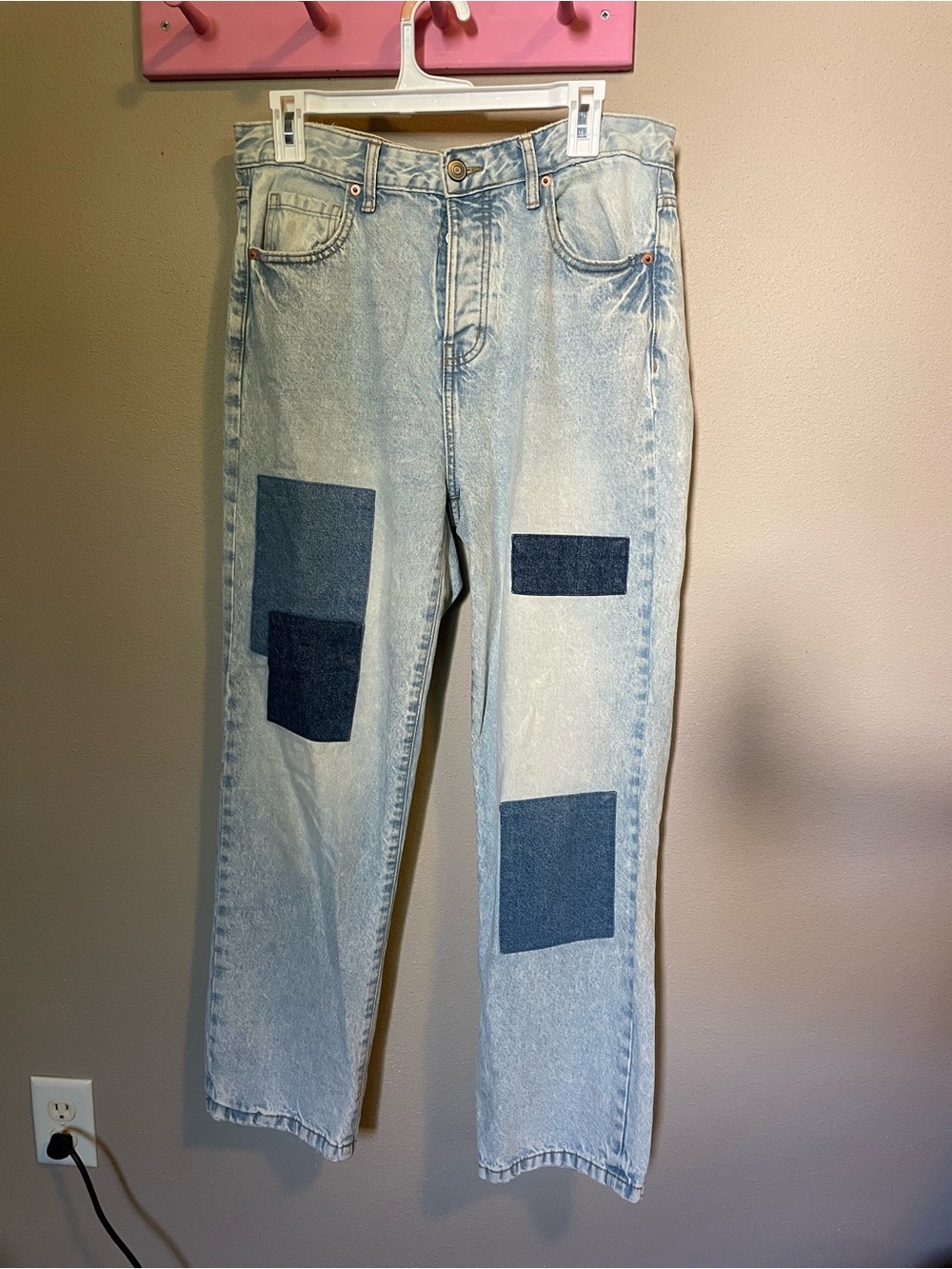 No Boundaries Light Wash Straight Jeans with Dark Blue Patchwork